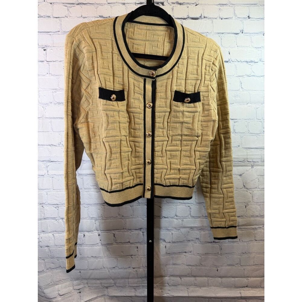 Woven Pattern Tan Cardigan Jacket with Black Trim